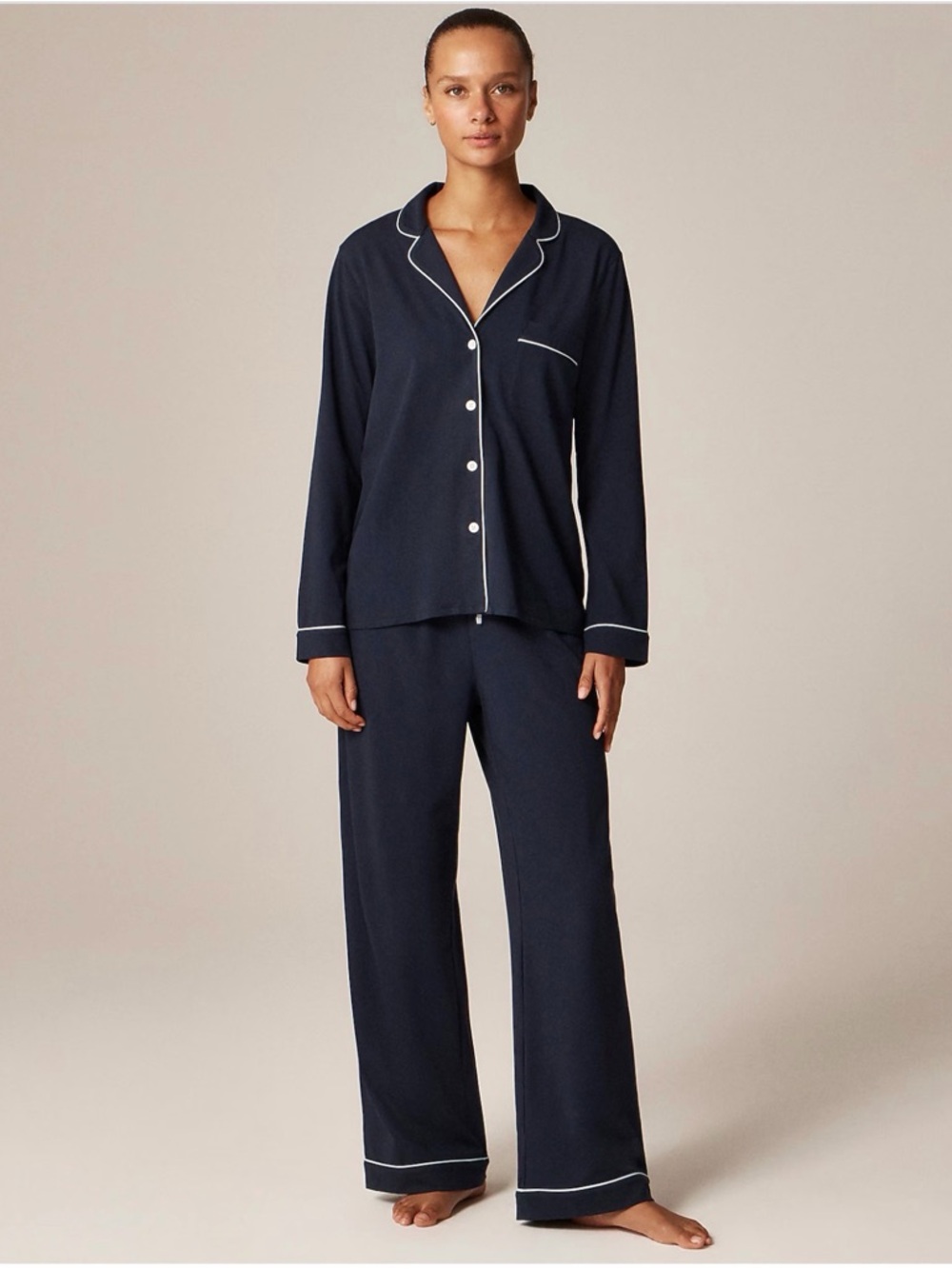 J. Crew Navy Blue Pajama Set with White Piping